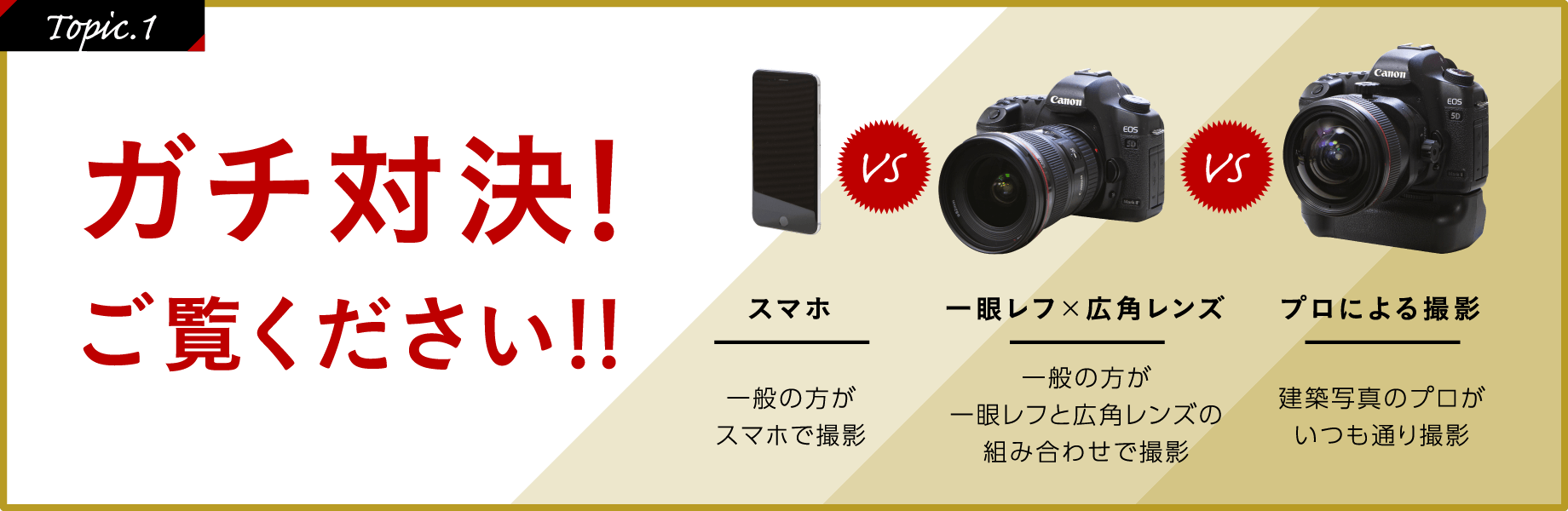 ［Topic.1］ガチ対決！ご覧ください!!　スマホ│一般の方がスマホで撮影 VS 一眼レフ×広角レンズ│一般の方が一眼レフと広角レンズの組み合わせで撮影 VS プロによる撮影│建築写真のプロがいつも通り撮影